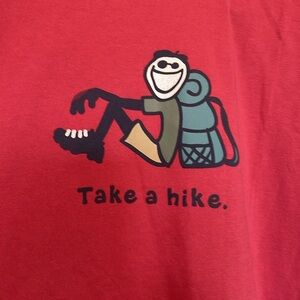 Life is Good sz M Red Graphic T-Shirt with “Take a Hike” man & backpack motif